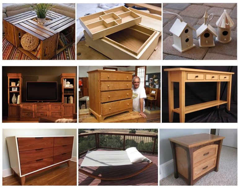 Collage of finished woodworking projects included in the TedsWoodworking plan library