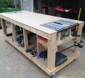 Finished wooden workshop table project for a garage or small shop